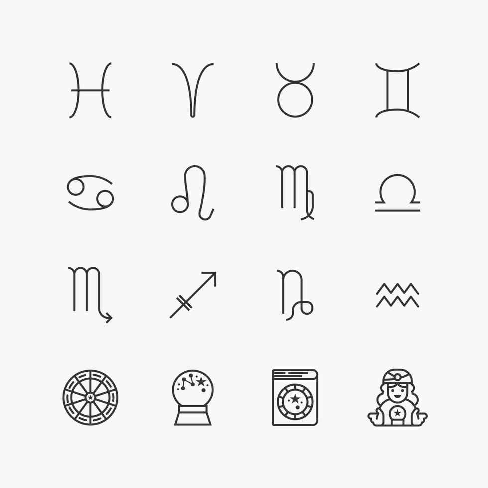 paquete de colección de iconos de línea plana de astrología horóscopo. vectores de diseño sencillo