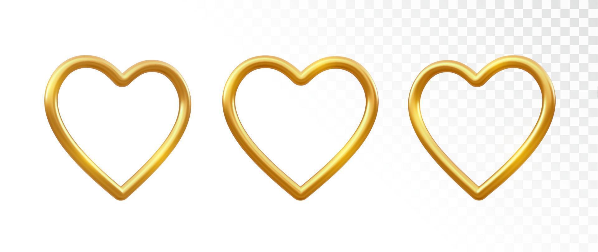 corazones de oro. conjunto de corazón de oro metálico brillante realista 3d decorativo sobre fondo transparente. decoración de lujo de oro del día de san valentín. ilustración vectorial vector