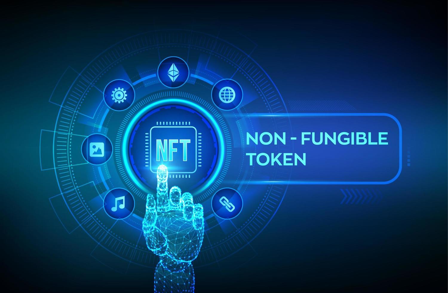 NFT. Non-fungible token digital crypto art blockchain technology concept. Investment in cryptographic. Robotic hand touching digital interface. Vector illustration.