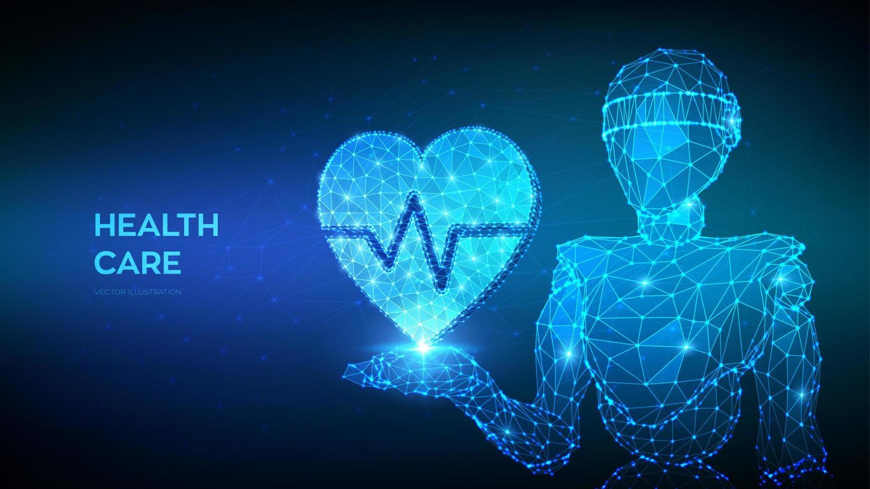 Healthcare, medicine and cardiology concept. Abstract 3d low polygonal robot holding heart icon with heartbeat line in hand. Heart with ecg line - symbol of medical care. Vector illustration.