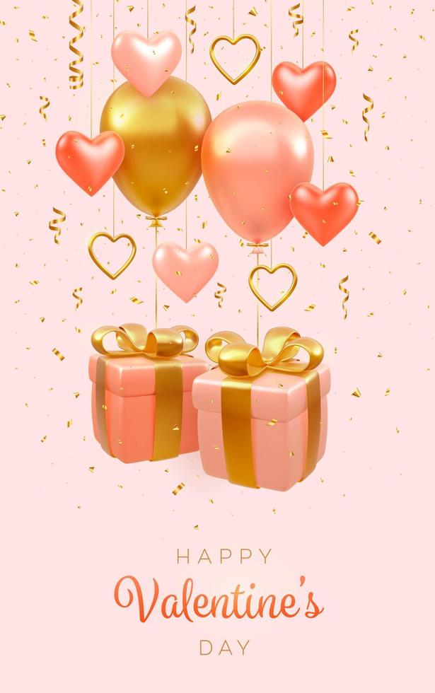 fondo del día de san valentín, pancarta. Cajas de regalo rosa festivas realistas con lazo dorado. los globos vuelan helio redondos y en forma de corazones. Corazones metálicos dorados 3d y confeti brillante. ilustración vectorial vector