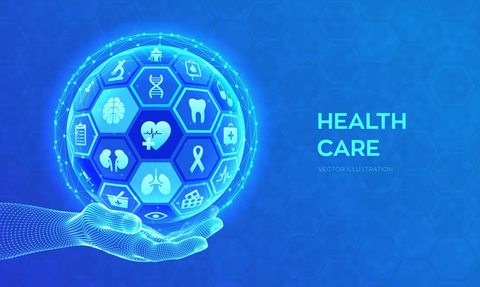 Health care and medical services concept. Emergency service Healthcare diagnosis and treatment. Abstract 3D sphere or globe with surface of hexagons with icons in wireframe hand. Vector illustration.