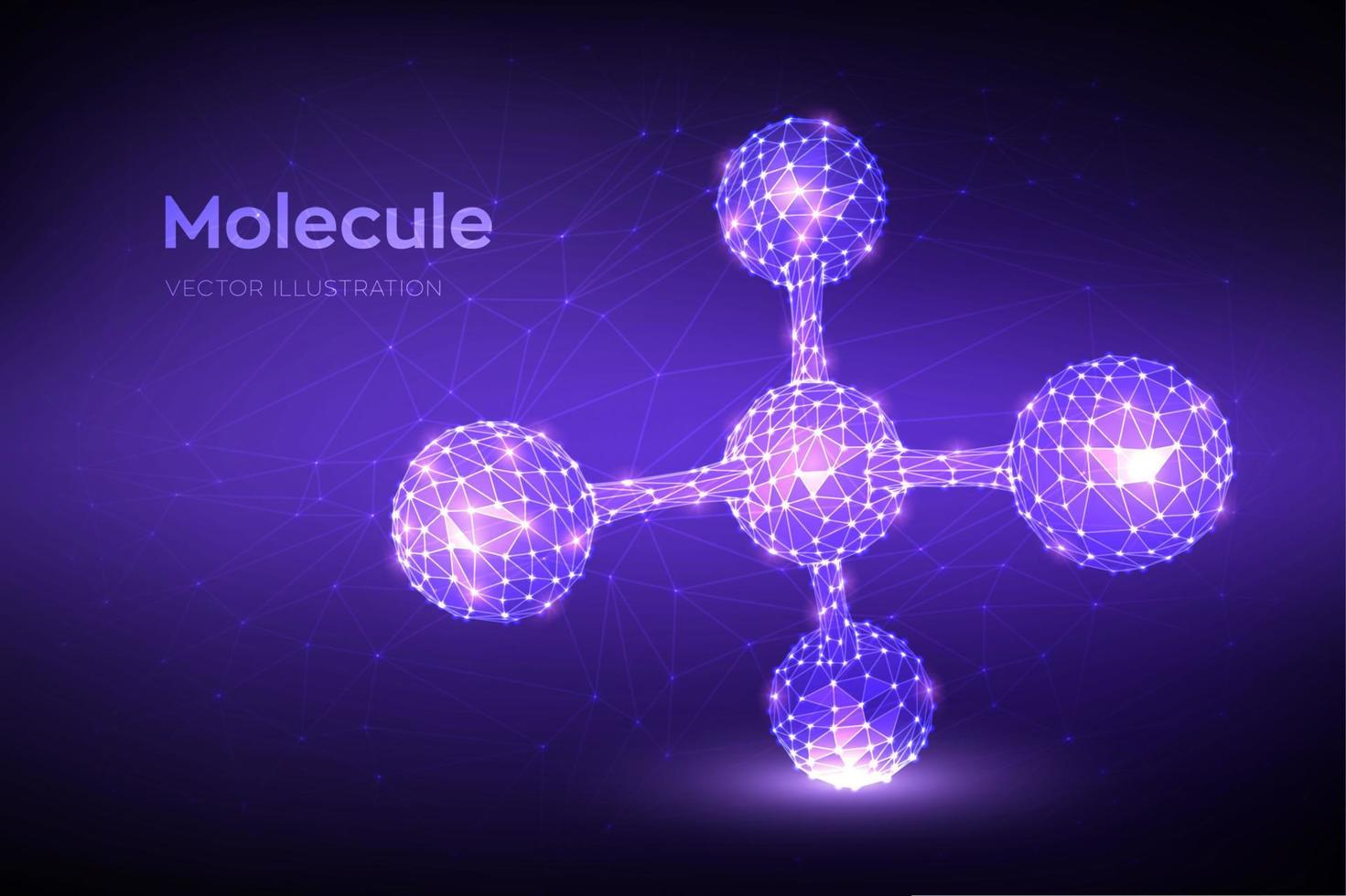 Molecule Structure. Low poly abstract Molecule. Dna, atom, neurons. Molecules and chemical formulas. Scientific background for medicine, science, chemistry, biology. 3D polygonal vector illustration.