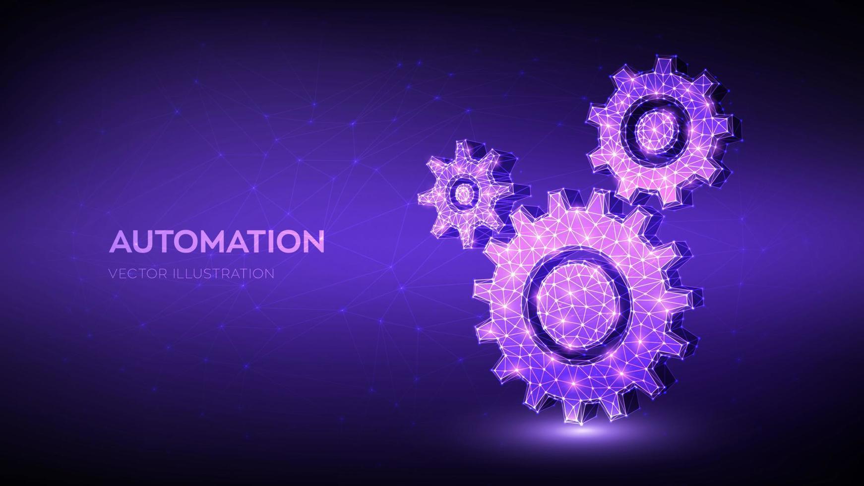 Gears. Mechanical technology machine engineering symbol. Abstract wireframe low polygonal 3D gears. RPA. Industry development, engine work, business solution concept. Vector illustration.