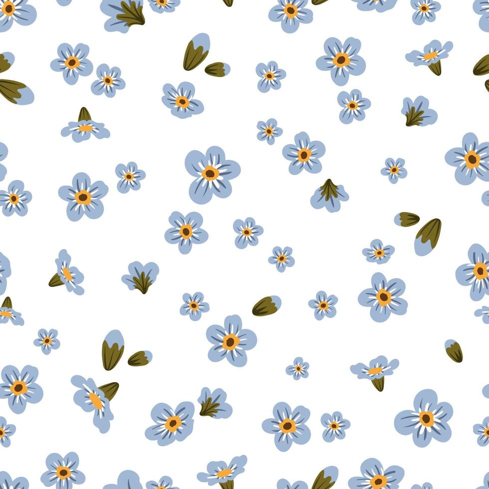 Cute blue branch of forget me not flower seamless pattern. Delicate summer herb texture. Vector background for paper, cover, fabric, interior decor.