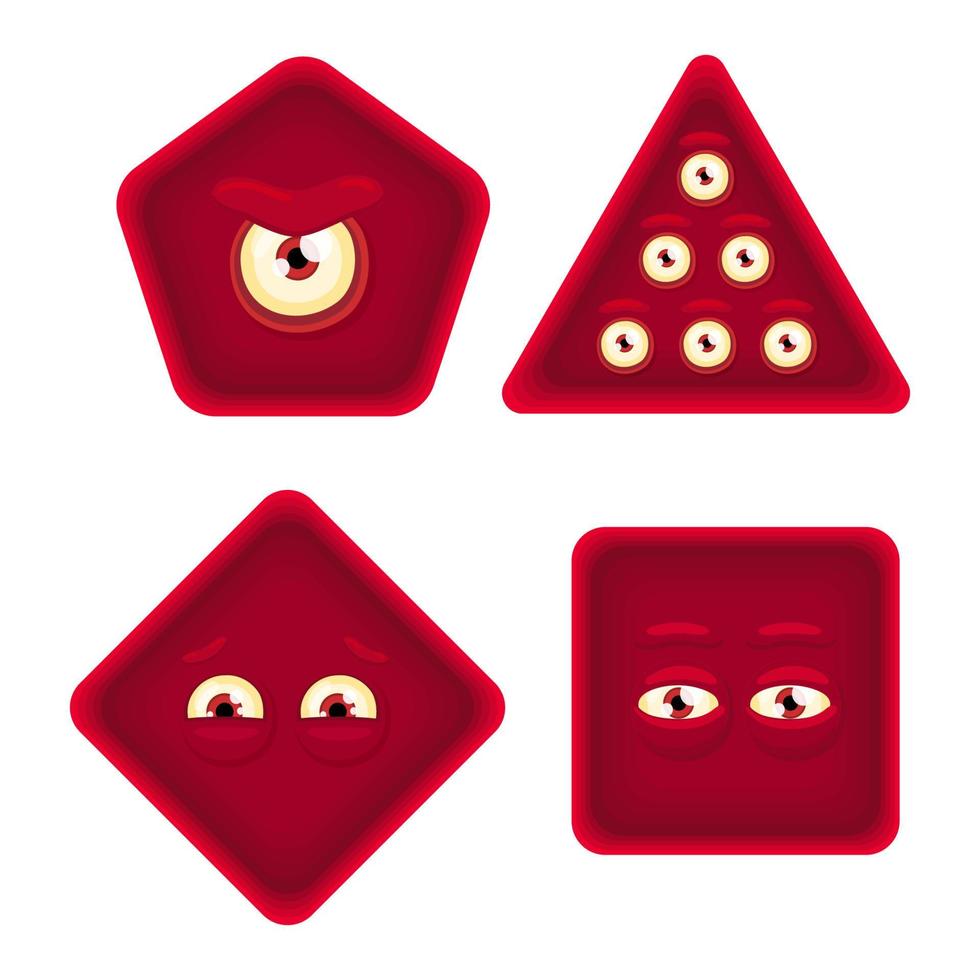 formas geométricas rojas con emociones faciales. cuadrados, triángulos, rombos, formas hexagonales con ojos. ilustración vectorial dibujada a mano para niños. lindos personajes divertidos. aislado sobre fondo blanco. vector