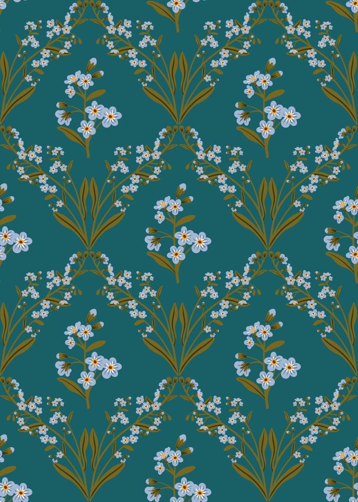 Cute blue branch of forget me not flower seamless pattern. Delicate summer herb texture. Vector background for paper, cover, fabric, interior decor.