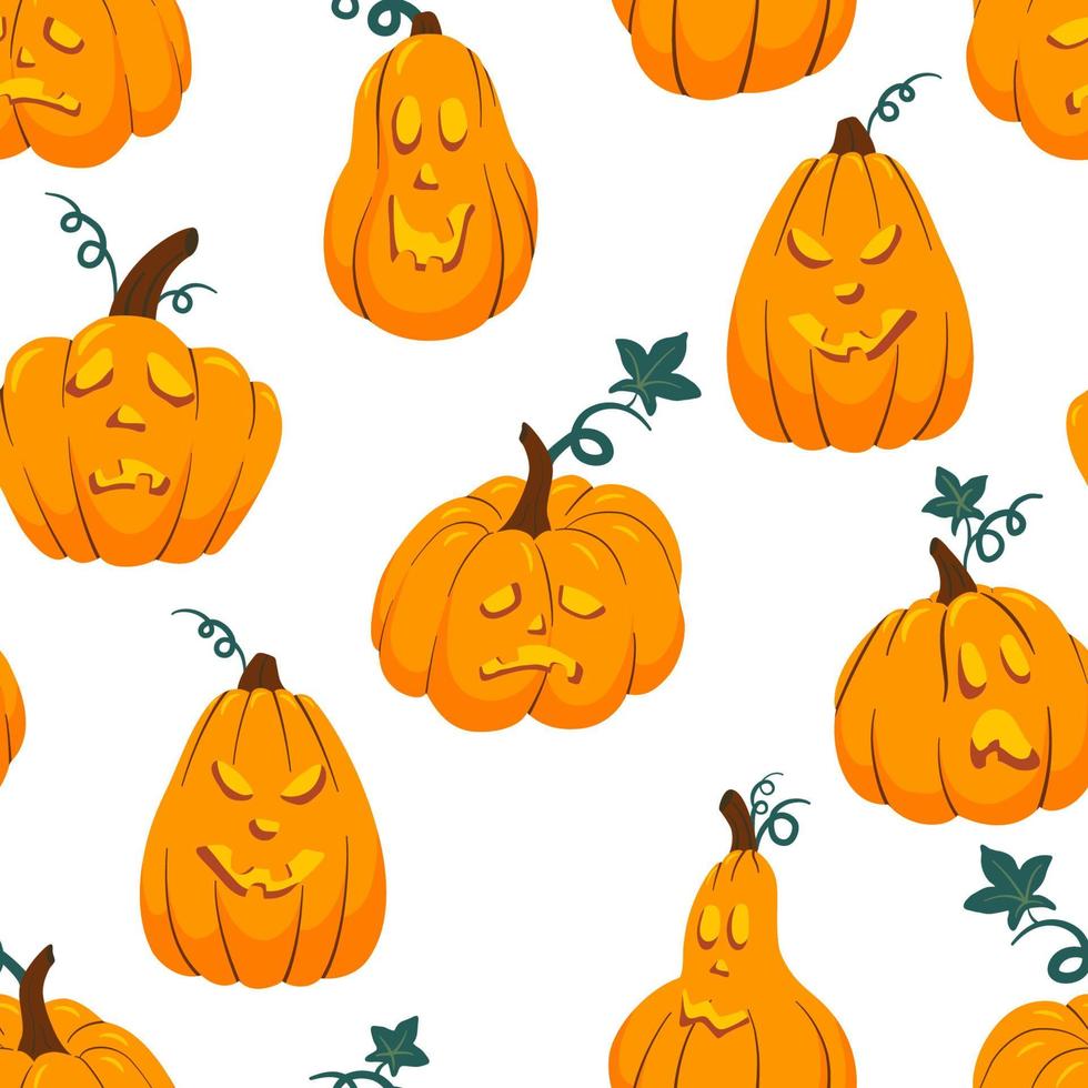 Halloween scary pumpkin with smile, happy face seamless pattern. Orange squash Jack-o'-lantern carved pumpkin background. Cartoon vector texture.