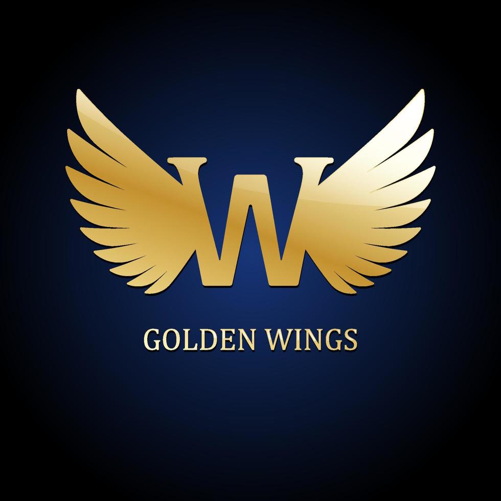 Golden wings on dark blue background. Vector illustration. Design element for logo, emblem, sign, brand mark.