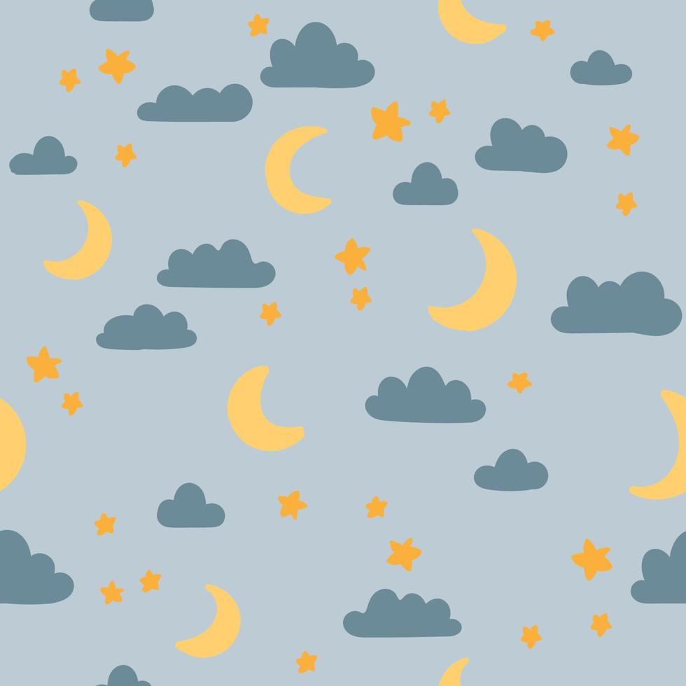 Night sky seamless pattern. Stars, moon, clouds vector background. Cute childish illustration for fabric, scrapbooking, wrapping paper, nursery poster.