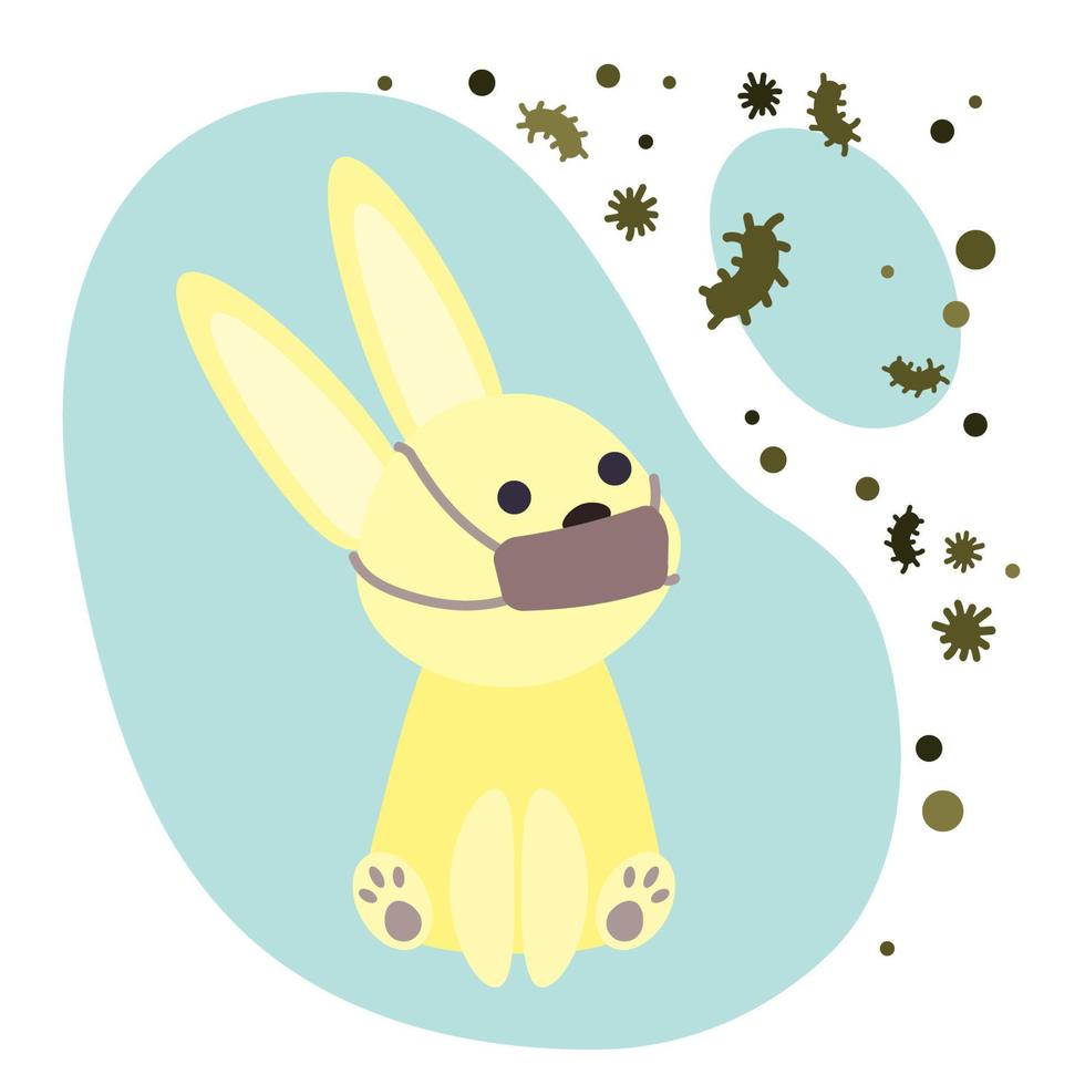 Cute yellow bunny wearing medical mask banner. Preventive measures, protection from pneumonia outbreak. Coronavirus epidemic concept. Respiratory disease, virus spread. Vector illustration