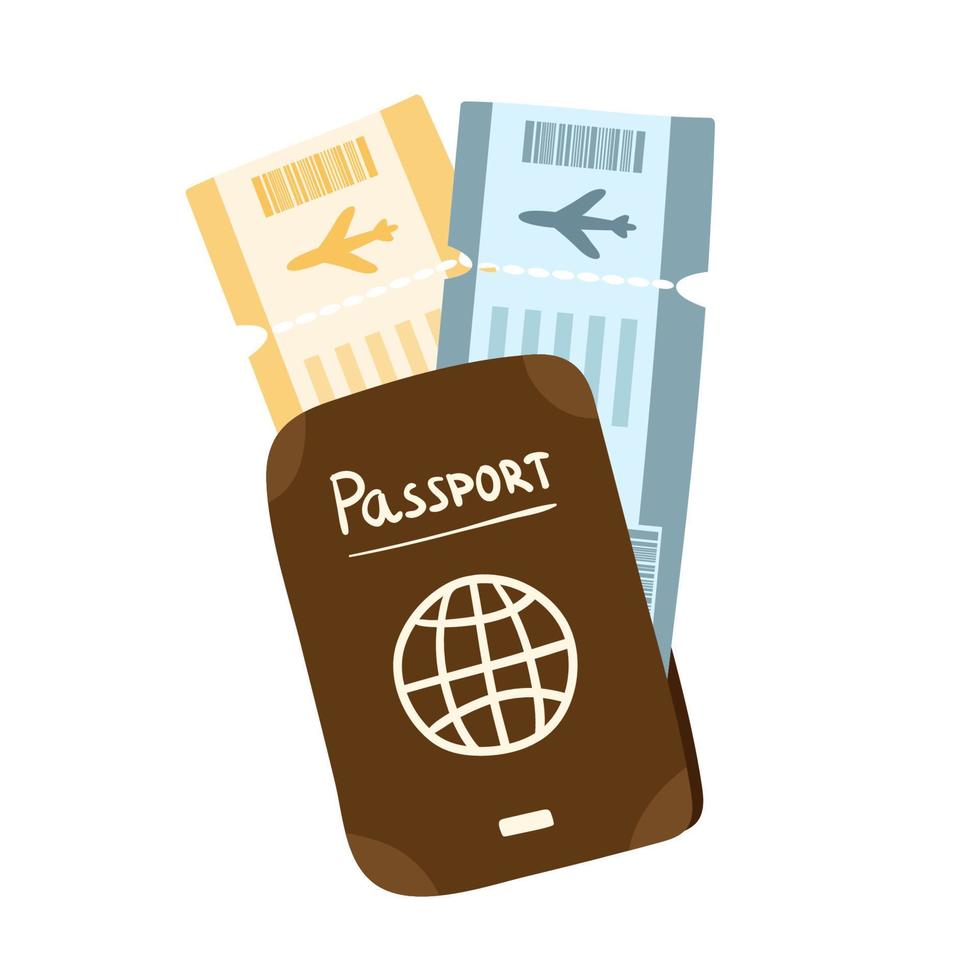 Passport and airline boarding pass template, plane ticket design. Travel, journey or business concept. Isolated on white. Vector cartoon illustration