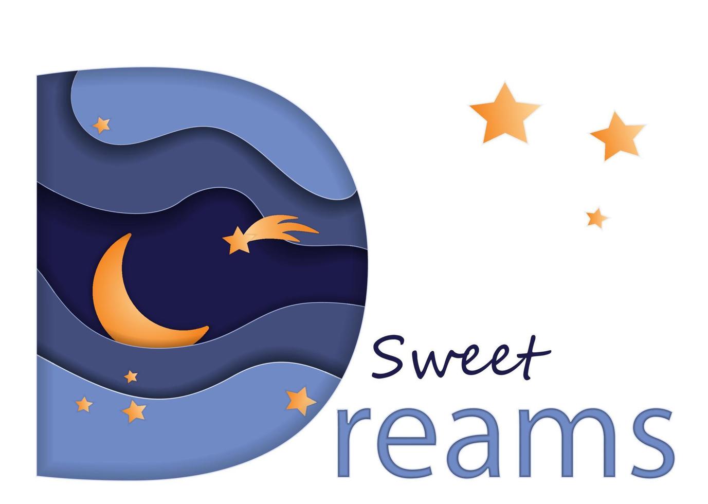 Moon and stars in the sky, sweet dreams paper cut vector illustration. Layout design for presentation, flyer, poster, greeting card, cover, and invitation. Colorful carving art. 3D abstract background
