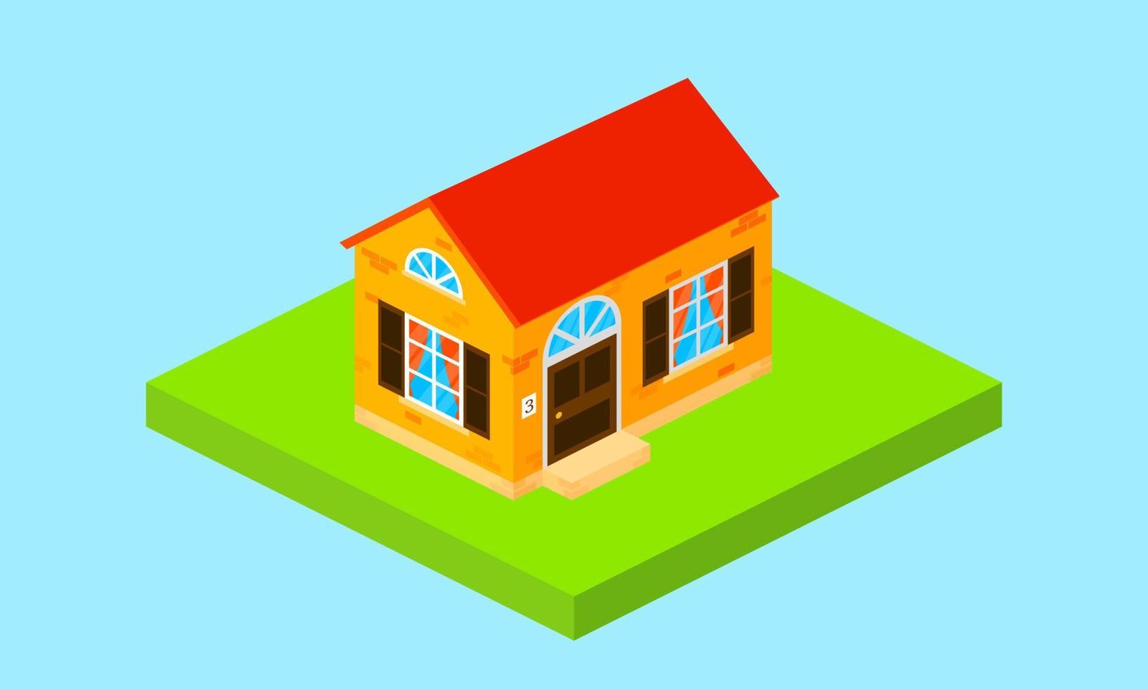 Beautiful small house on green ground isolated on blue. Property, real estate, construction, rent, home concept. Flat Isometric icon. Vector illustration on a blue background.
