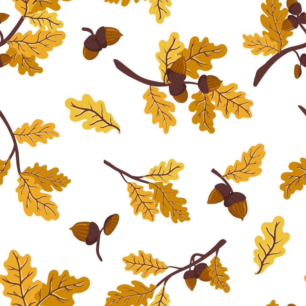 Ginger, gold and yellow autumn oak branch with leaves and acorns vector seamless pattern. Texture of a leaf fall deciduous tree branch for fabrics, wrapping paper, backgrounds and other designs.