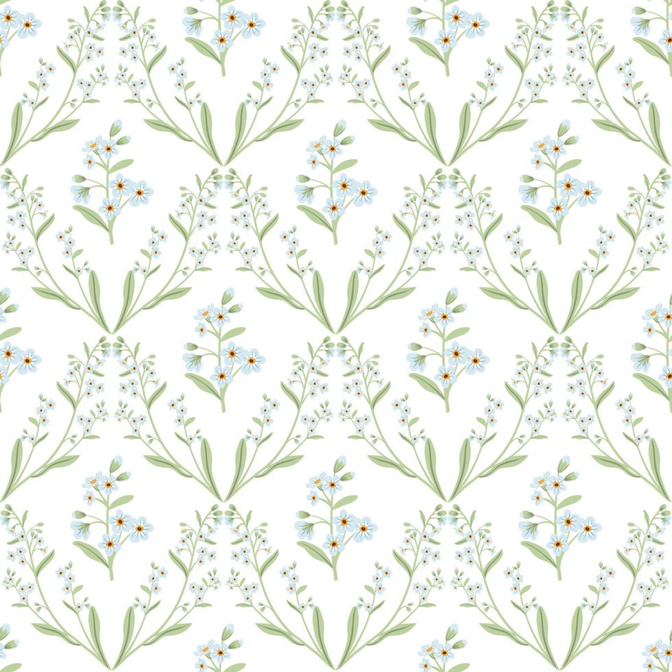 Cute blue branch of forget-me-not flower seamless pattern. Delicate summer herb texture. Vector background for paper, cover, fabric, interior decor.