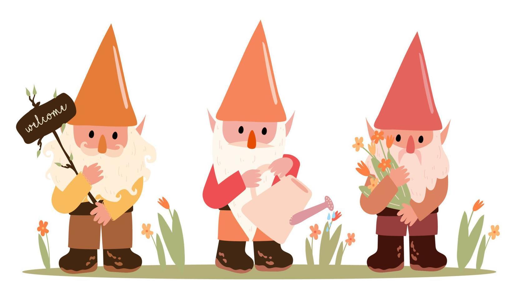 A set of cute gnomes. Leprechaun watering flowers, holding a plate, holding a bouquet of flowers vector
