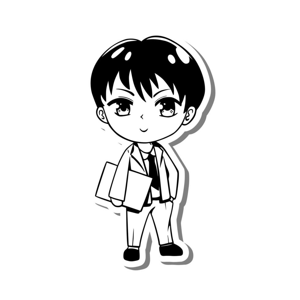 Cute cartoon Office Man Monochrome. Male employee in a suit holding documents. Doodle on white silhouette and gray shadow. Vector illustration about working person, black manga style for any design.