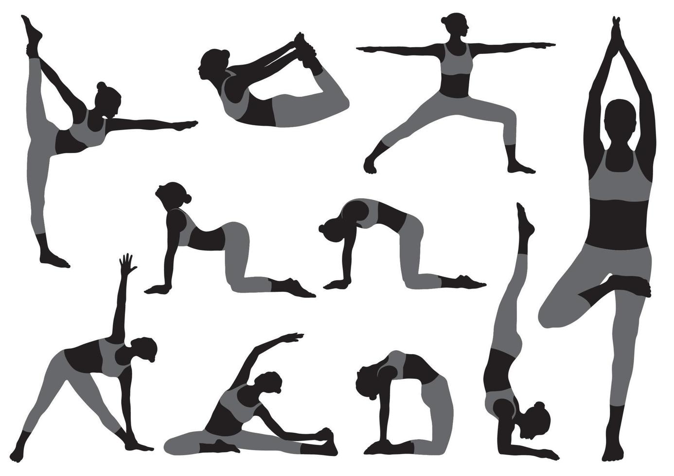 Set Of Vector Silhouettes Of Women Doing Yoga Exercises. Monochrome Icons Of Various Yoga Positions.