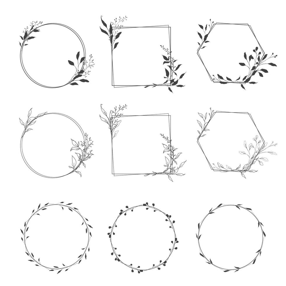 Wedding invitation botanical wreath minimal design. Vector template with flourishes ornament elements.