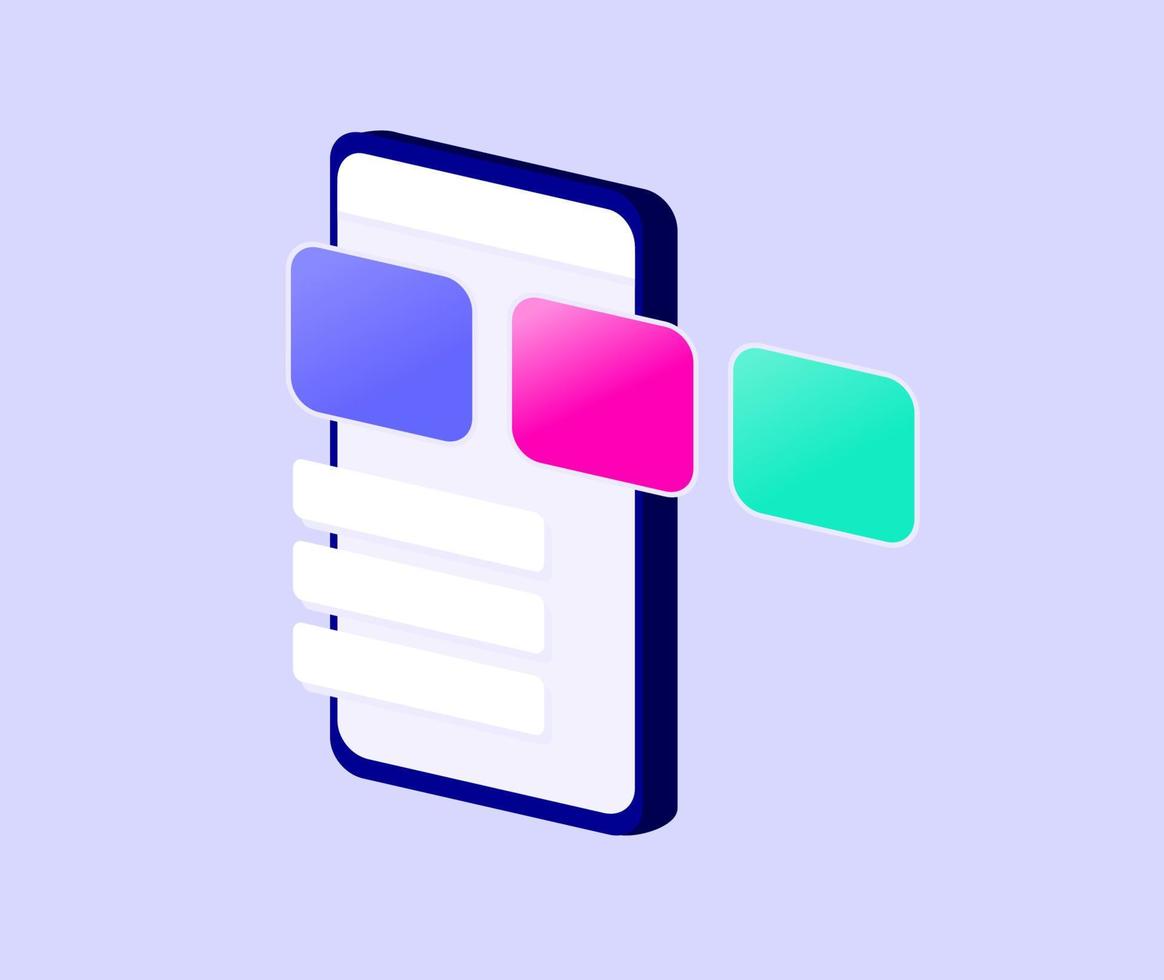 ilustración de vector de pantalla de teléfono simple ui estilo isométrico 3d con degradado y secciones