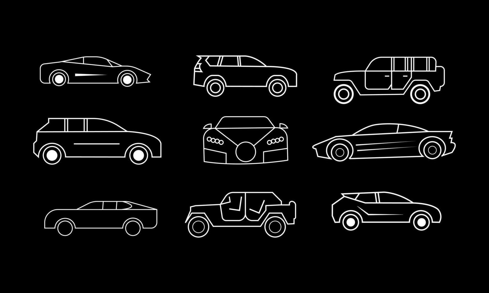 iconos de coche de línea delgada establecidos en fondo negro. icono de coche universal para usar en la interfaz de usuario web y móvil, conjunto de elementos básicos de la interfaz de usuario del coche vector