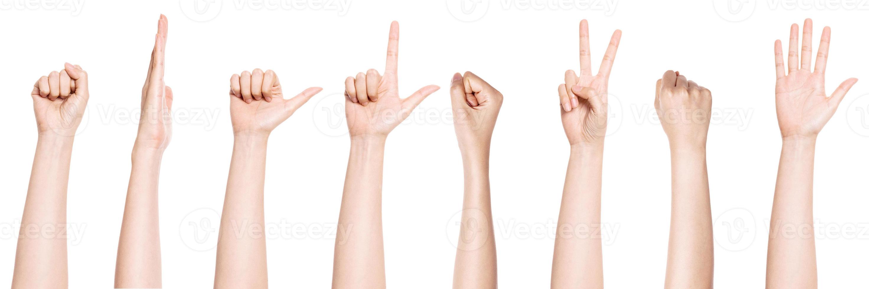 Woman hand make a gesture isolated on white background. photo