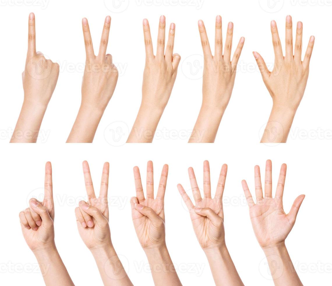 the group set, Woman's finger make the numbers isolated on white. photo