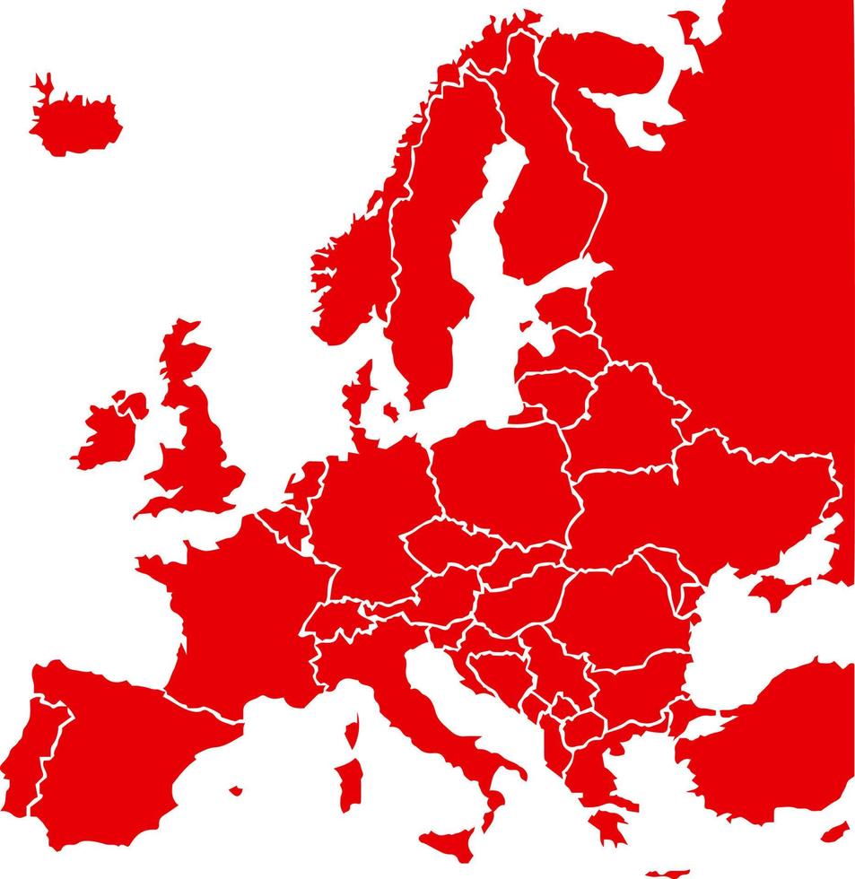 mapa de estados europeos de color rojo. mapa político de europa. vector