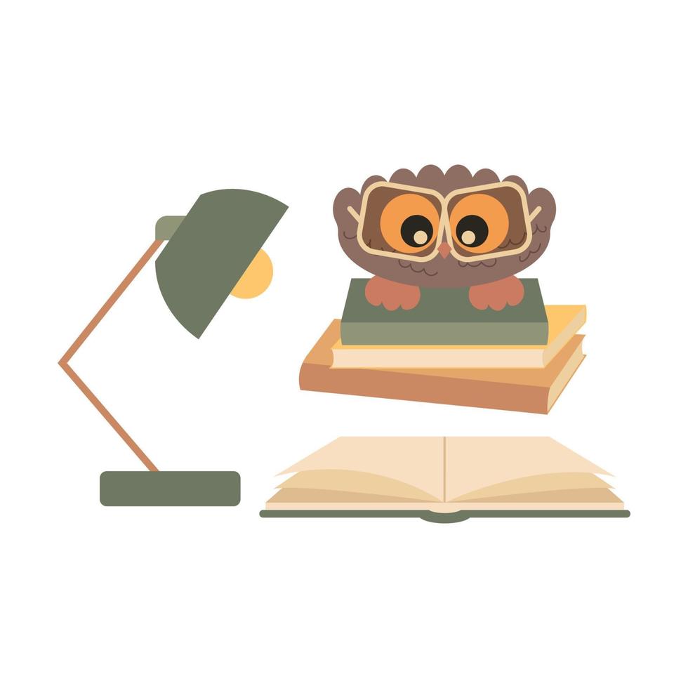 Little Cute Bird Owl with big eyes in glasses sitting on books and reading book vector
