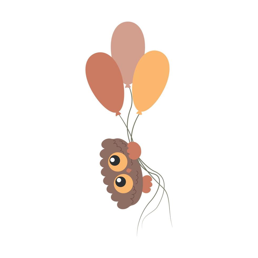 Little Cute Bird Owl with big eyes flying to the sky holding air balloons vector