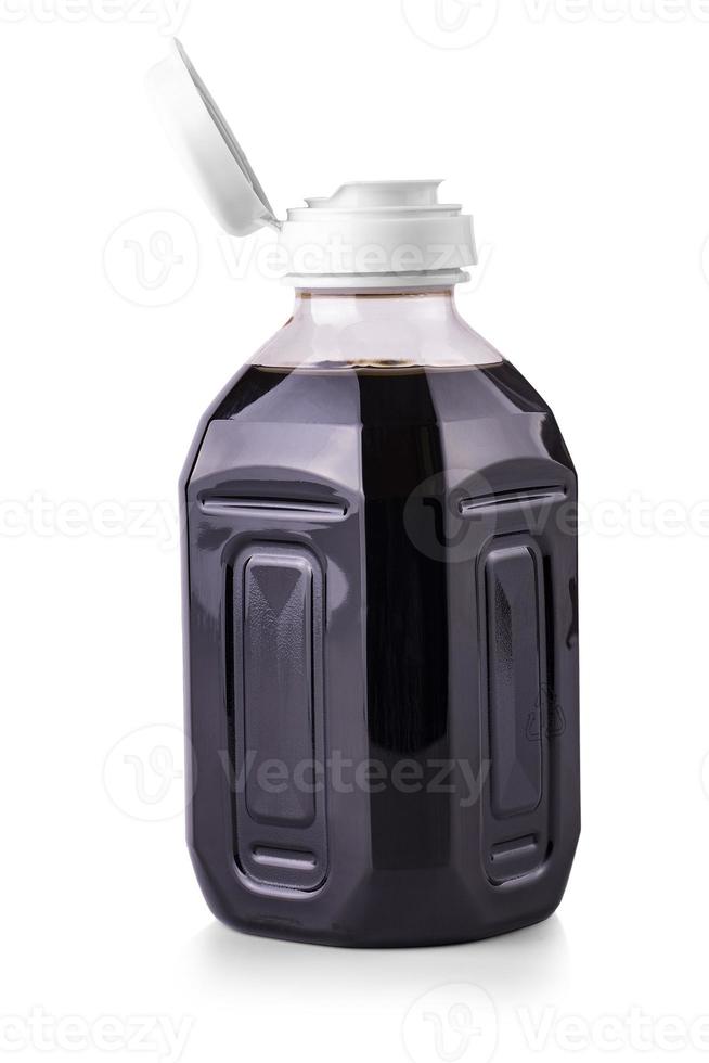 opened soy sauce bottles isolated on white background photo