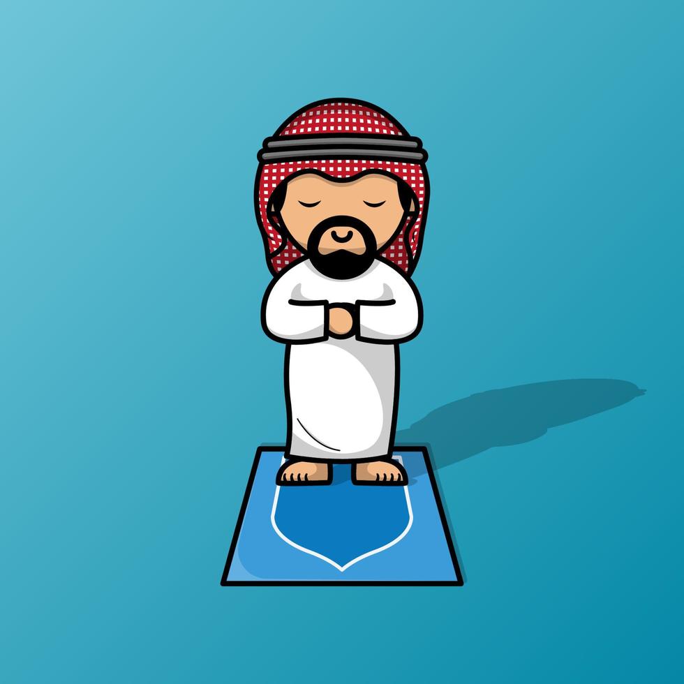 Cute muslim man praying shalat in prayer mat vector illustration