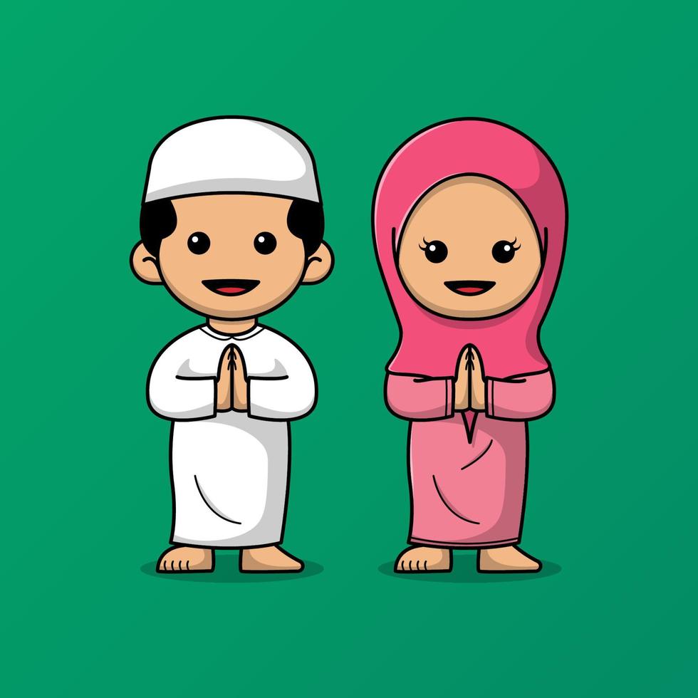 Cute boy and girl moslem celebrating eid mubarak vector illustration