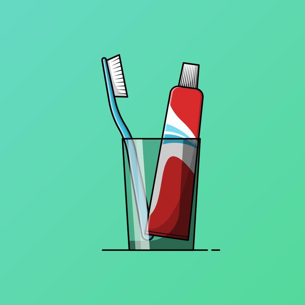 Toothbrush and toothpaste in a glass vector illustration