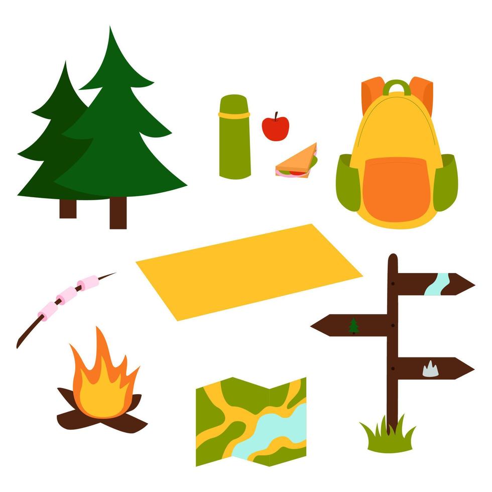 Bundle Hiking. Set things related to hiking. Vector illustration in flat style isolated on a white background.