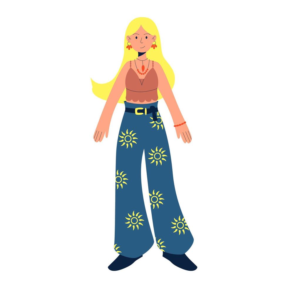 Boho outfit. Girl is is dressed in trousers and a top with straps. Vector illustration in flat style isolated on white background.