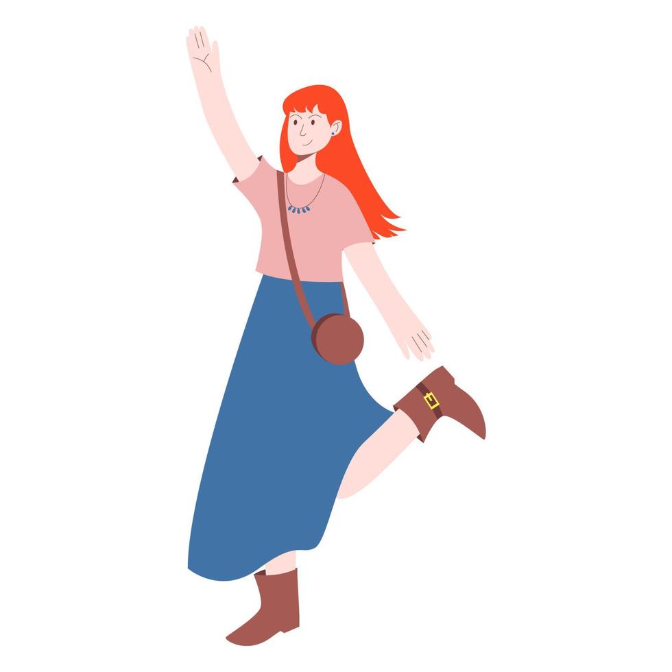 Boho outfit. Girl is wearing a skirt and a T-shirt. Vector illustration in flat style isolated on white background.