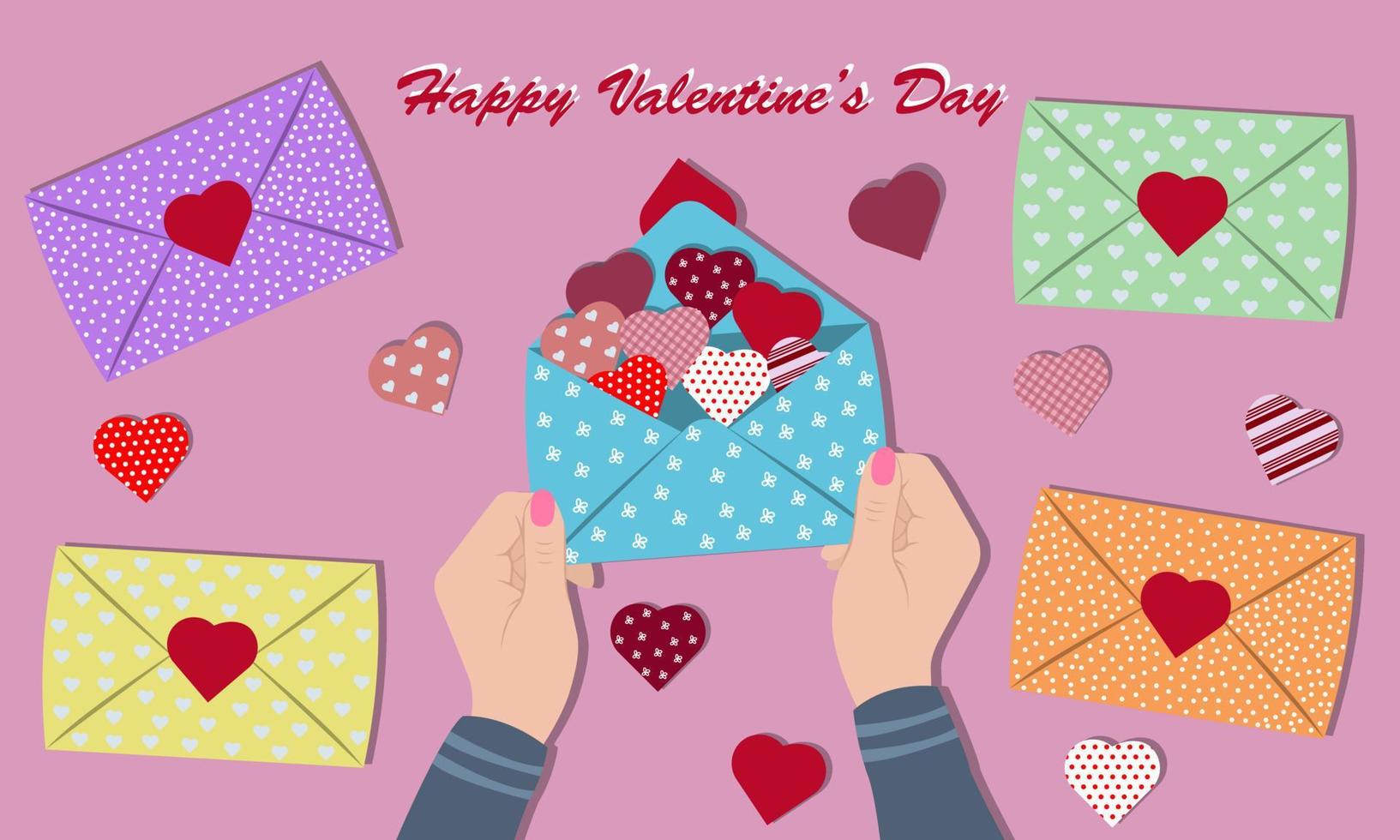 sobre de amor en la mano y símbolo de amor por todas partes. tarjeta de felicitación del día de san valentín. ilustración vectorial sobre fondo rosa. vector