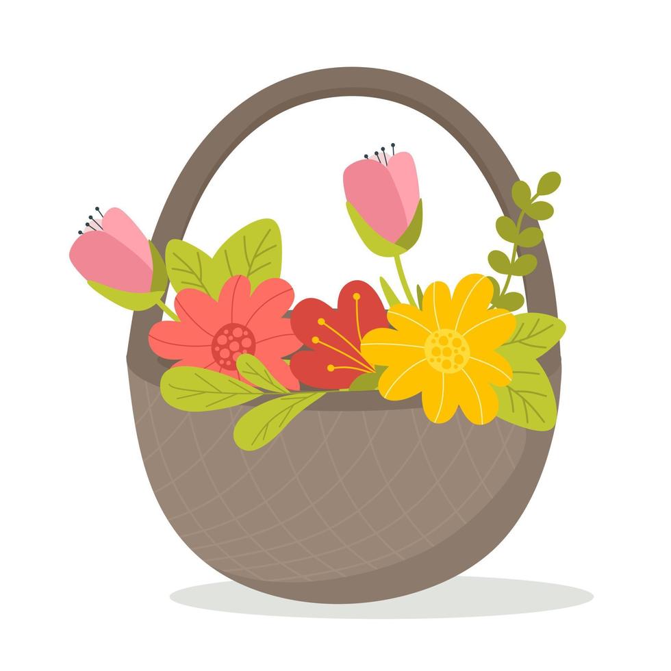 A basket with flowers and green leaves. Vector illustration in a flat style isolated on a white background