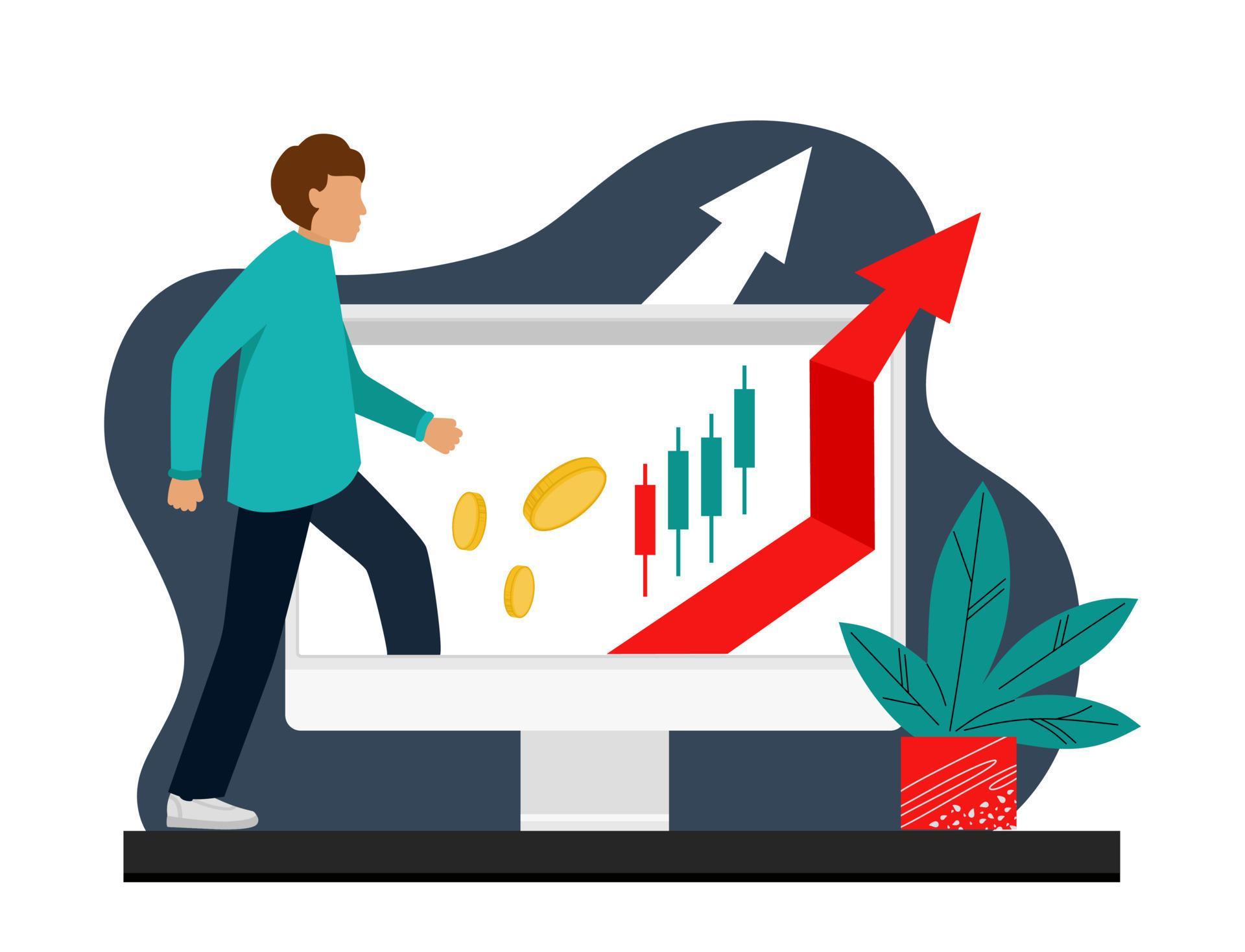 The trader tracks the charts at the computer. Trading, quotes, stocks ...