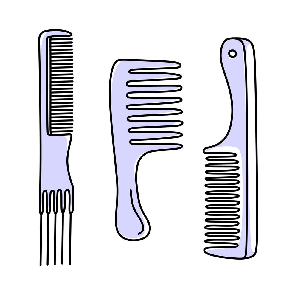 productos para el cuidado del cabello. un juego de peines. en color muy peri. ilustración vectorial en estilo garabato. vector