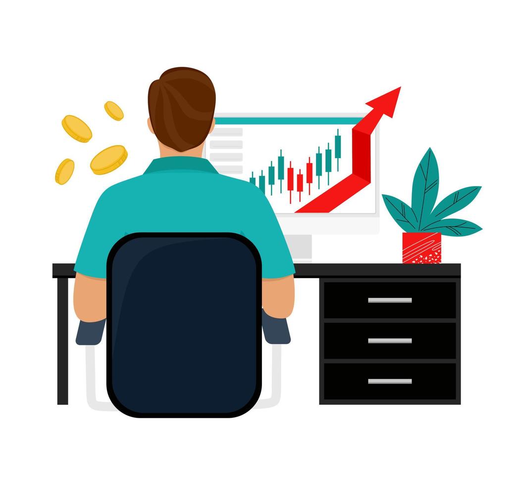 The trader tracks the charts at the computer. Trading, quotes, stocks, investment concept. Flat cartoon vector illustration