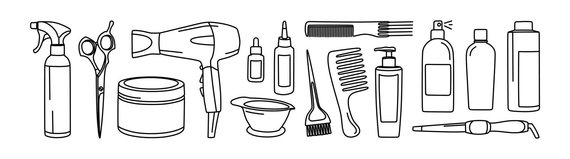 productos para el cuidado del cabello. un conjunto de cosméticos y artículos. ilustración vectorial en estilo garabato. vector