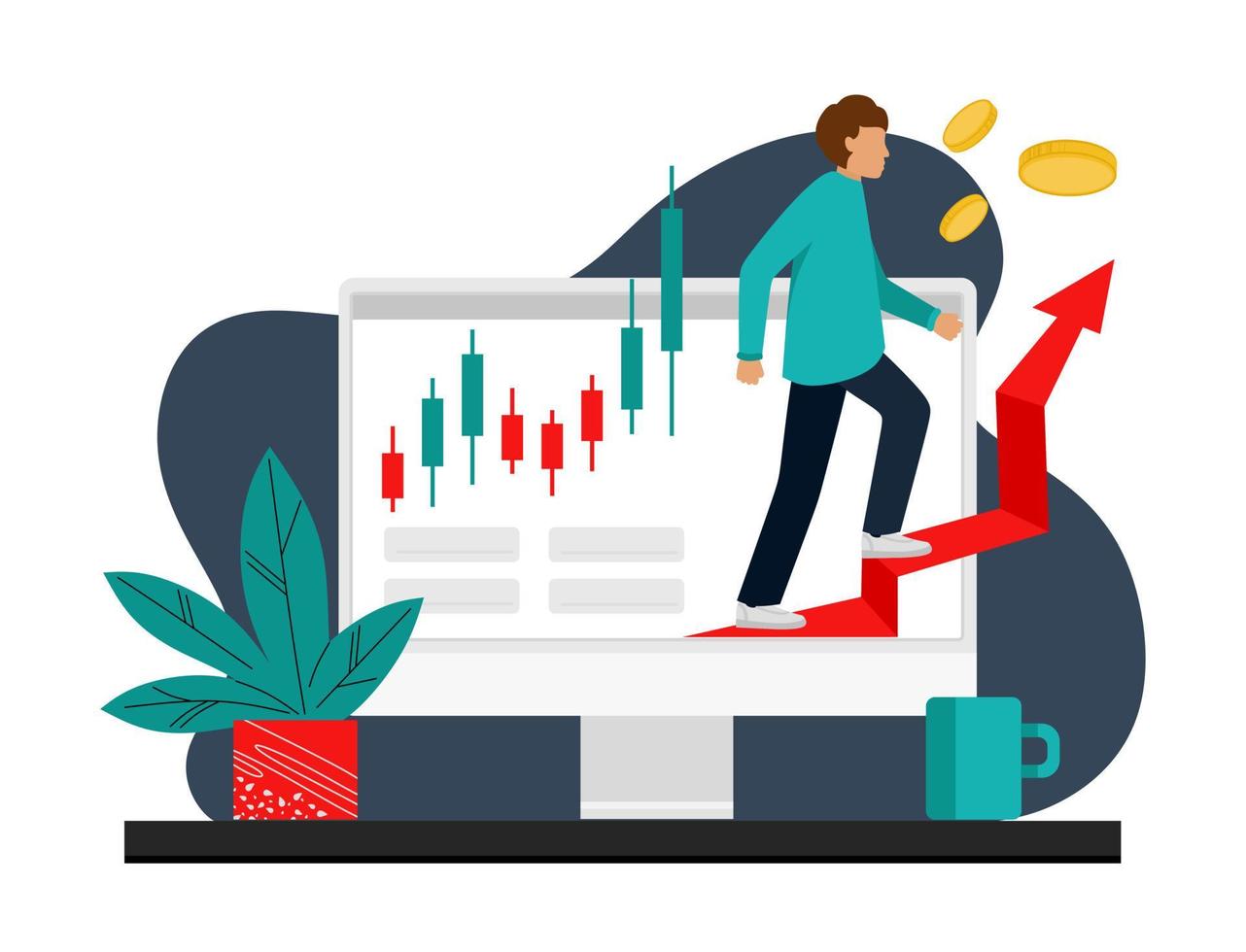 The trader tracks the charts at the computer. Trading, quotes, stocks, investment concept. Flat cartoon vector illustration