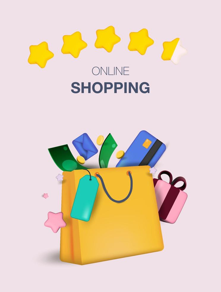 Online shopping. Online shopping 3d design mobile apps. For web banners and posters. Vector illustration realistic