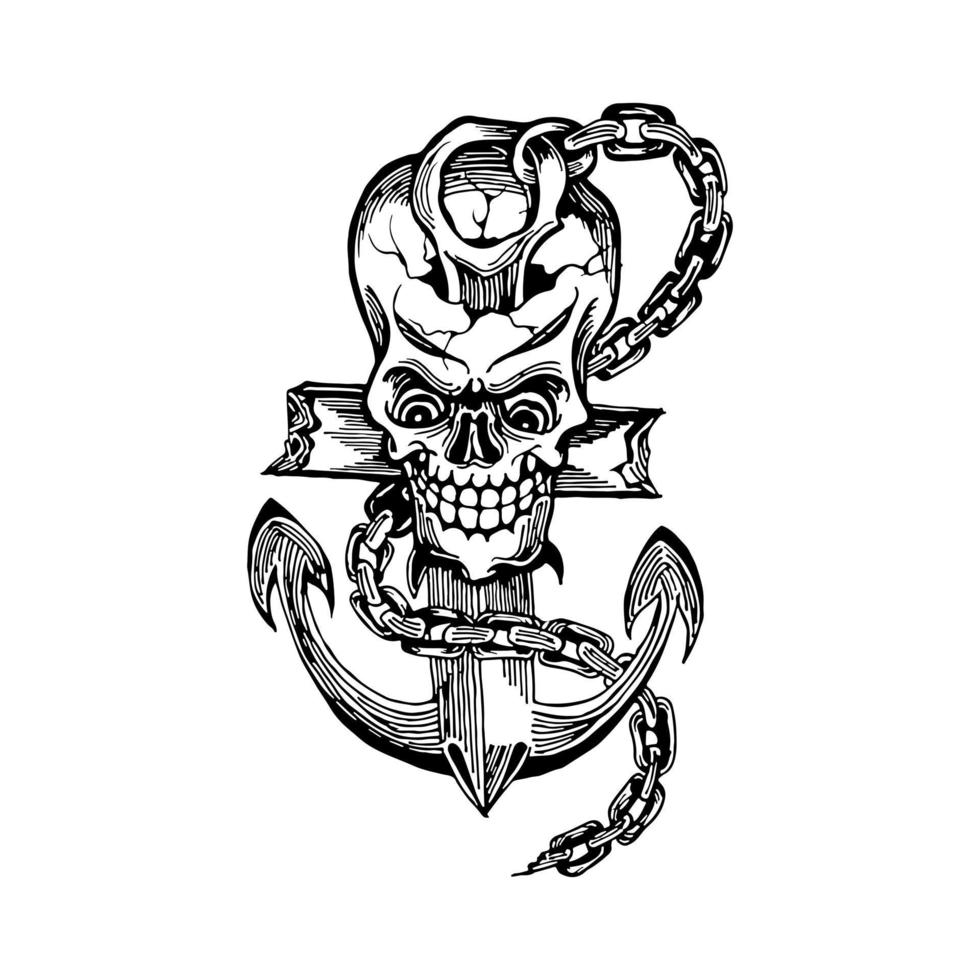 cráneos dibujados a mano y vector de diseño de tatuaje de ancla