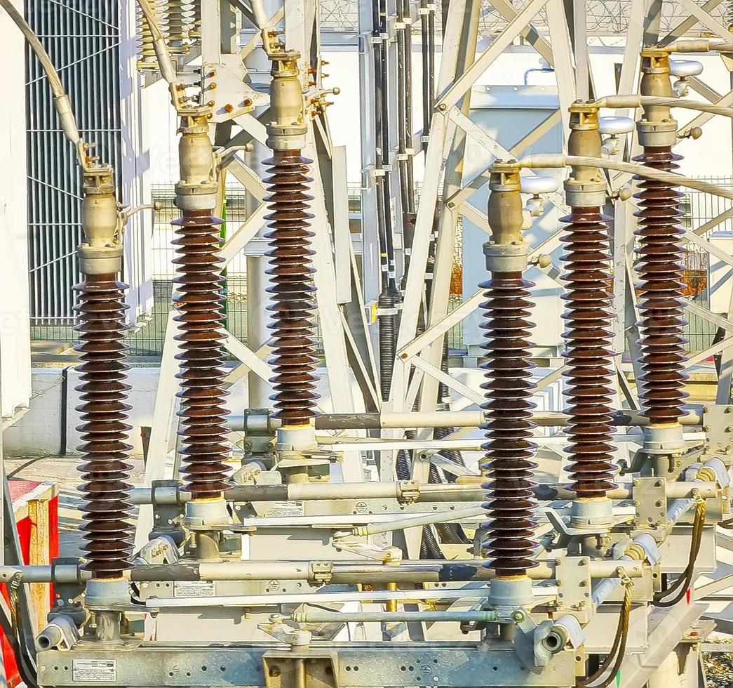 high voltage power transformer substation. Close up photo