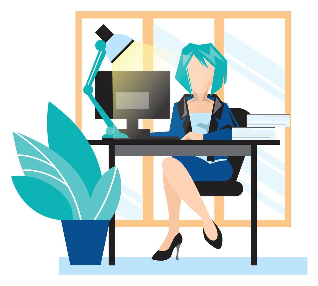 Business lady works at the table on the computer. Office interior with panoramic windows and plants. vector