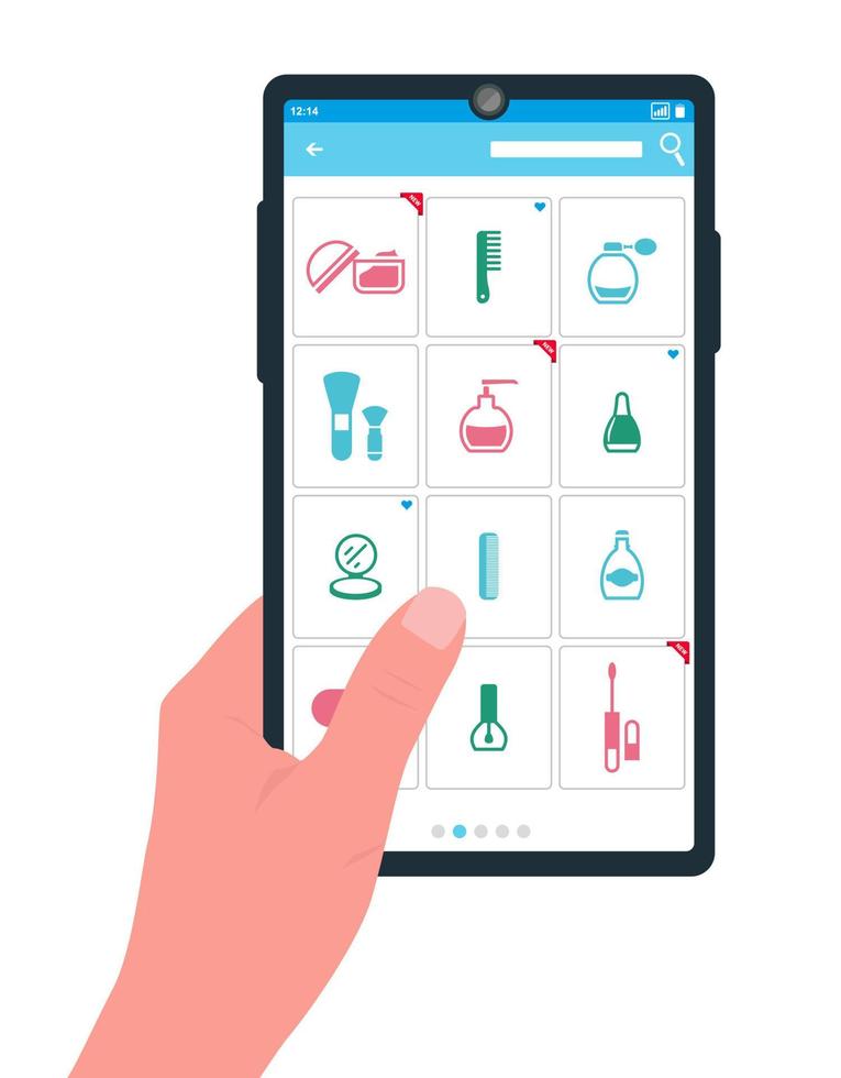 Flat vector illustration, concept of buying cosmetics in the online store, shopping.   Cosmetics store products on the smartphone screen, purchase. Hand holding smartphone.View   products in the app